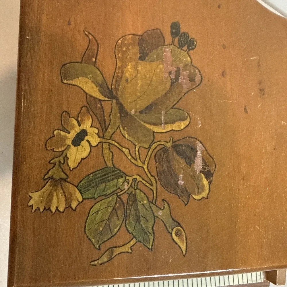 Vintage Wooden Grand Piano Box Floral Inlay Jewelry Trinket Box Rustic Cottage